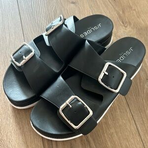 J Slides Black Platform Double Strap Silver Buckle Slide Sandals SIZE 9